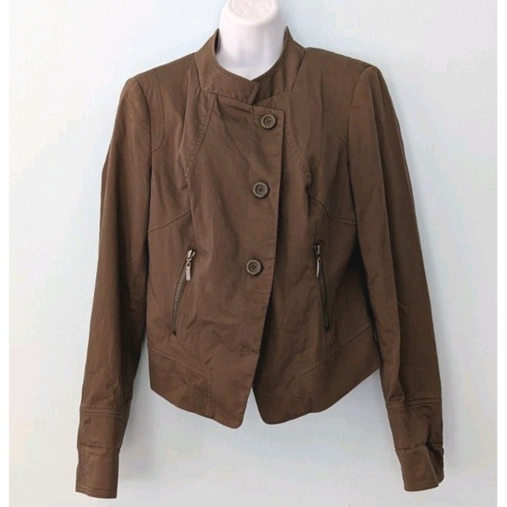 INC International Concepts Jacket Women's Large Brown Cotton Button Up Lined